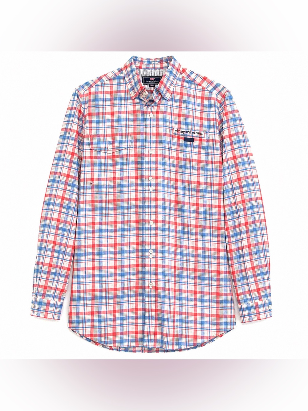 Vineyard Vines Shirt Mens Large Blue Red Plaid Performance Harbor Vented Fishing